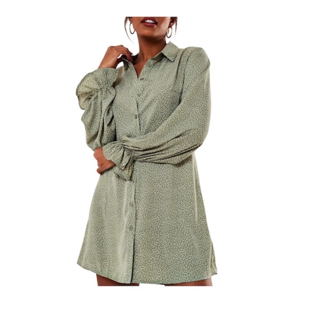 Missguided Dress Heart Print Button Down Shirt Ruffle Cuffs Sage Green Size 12 - Picture 2 of 6